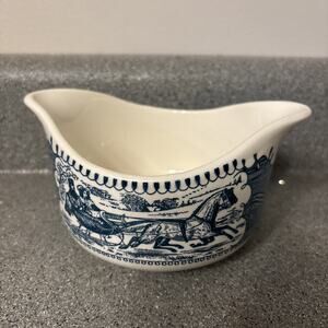 Vintage Currier And Ives Gravy Boat 2 Spout Vintage Blue Royal China